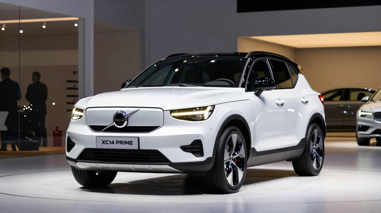 Volvo XC14 Prime branco exposto em stand moderno, com iluminação ambiente suave e pessoas desfocadas ao fundo.