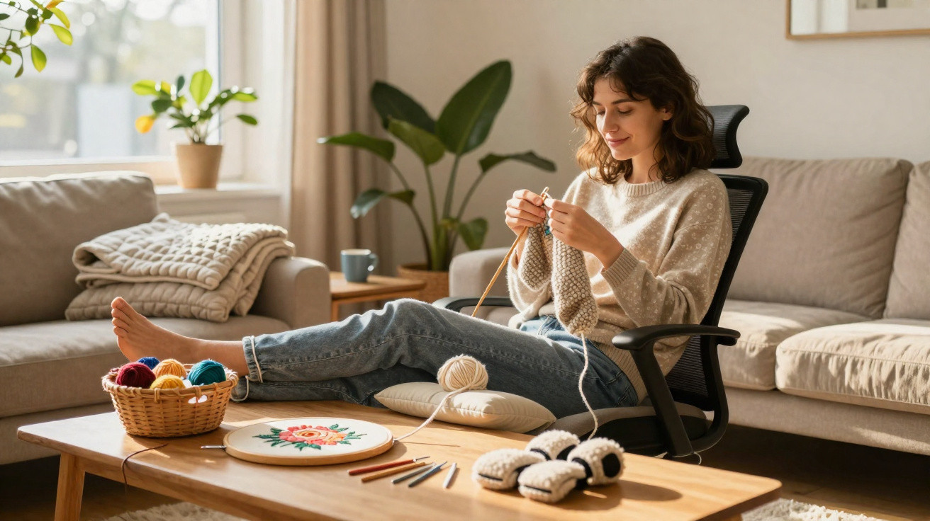 Mulher sentada a tricotar numa sala com sofá, cestos de lã e plantas decorativas ao fundo.