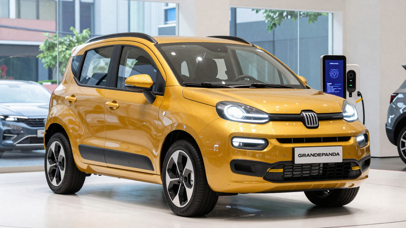 Carro elétrico Fiat Grande Panda amarelo exposto em salão moderno, com faróis ligados.