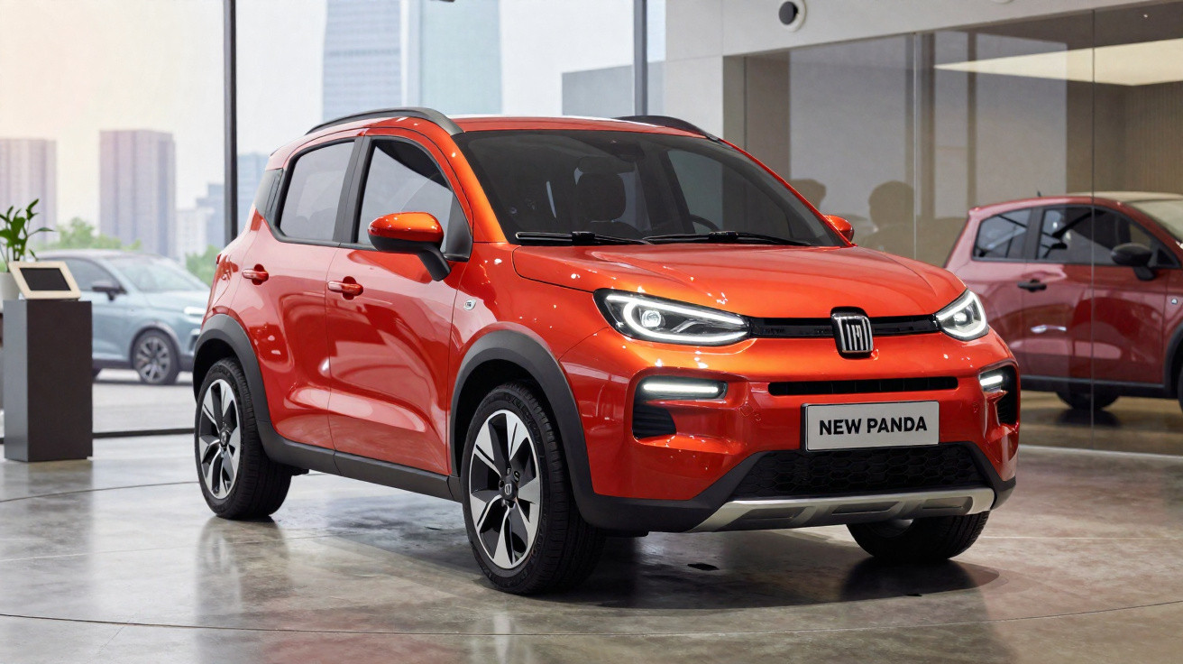 Automóvel Fiat New Panda cor laranja expos no interior de showroom moderno com grandes janelas.