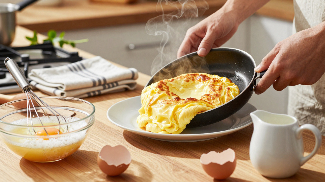 Pessoa a colocar omelete quente numa frigideira para um prato numa cozinha caseira.