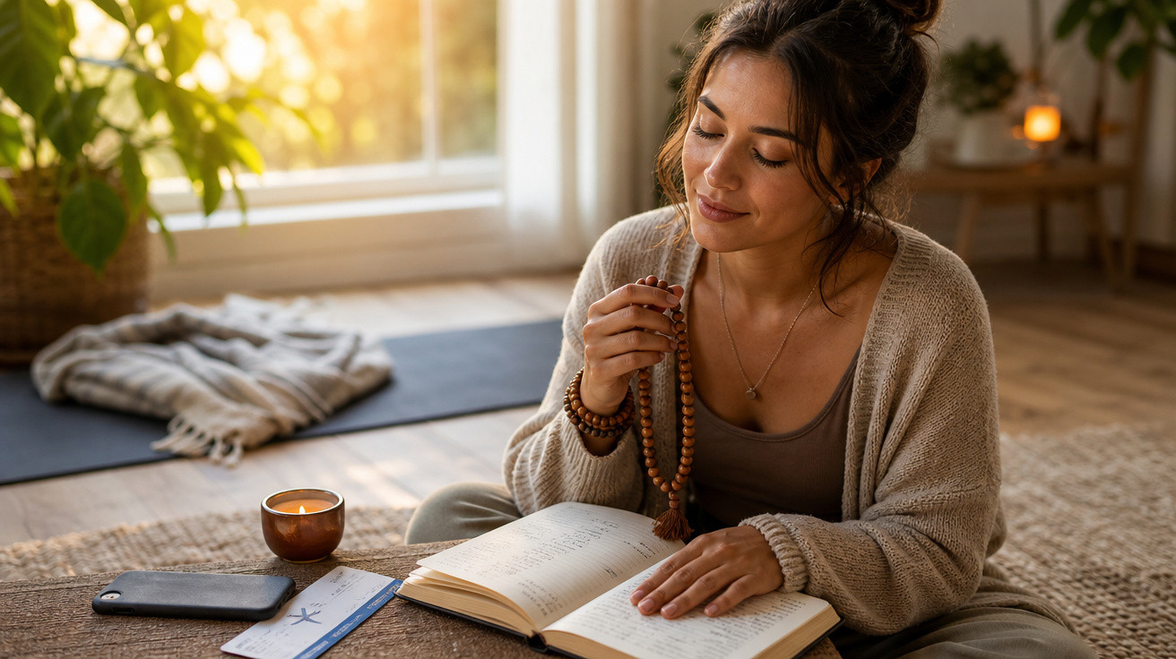 Mulher sentada no chão a ler livro, segurando colar de contas, ambiente tranquilo com vela acesa e luz natural.