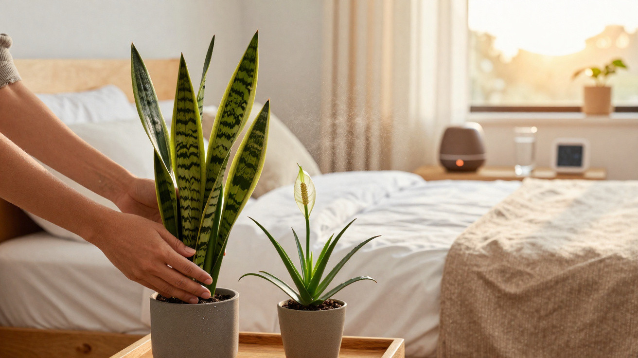 Mãos a colocar planta verde em vaso cinzento sobre mesa de madeira ao lado de cama em quarto iluminado.