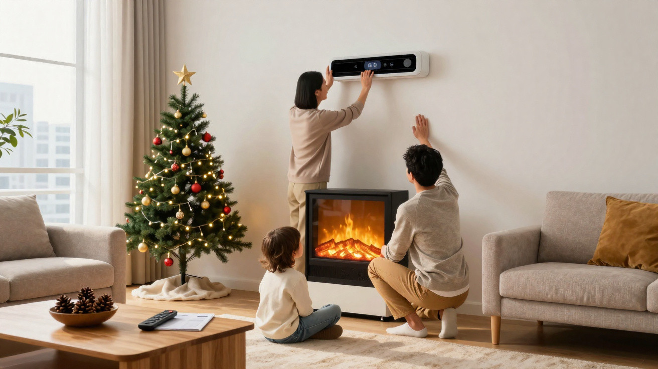 Família em sala com árvore de Natal, lareira acesa e pessoa a ajustar aquecimento na parede.