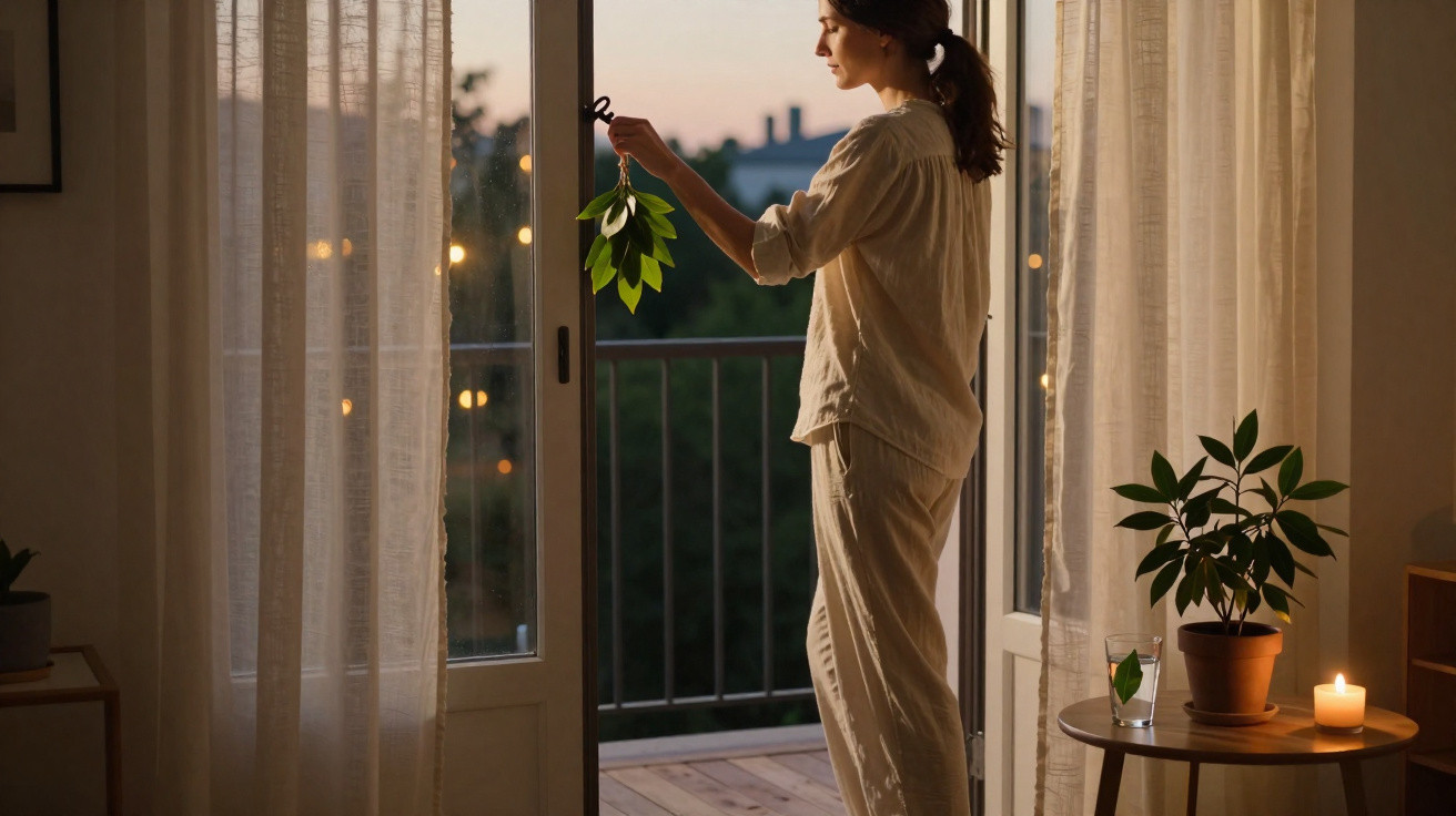 Mulher em pijama a prender raminho verde numa porta de vidro aberta ao pôr do sol.