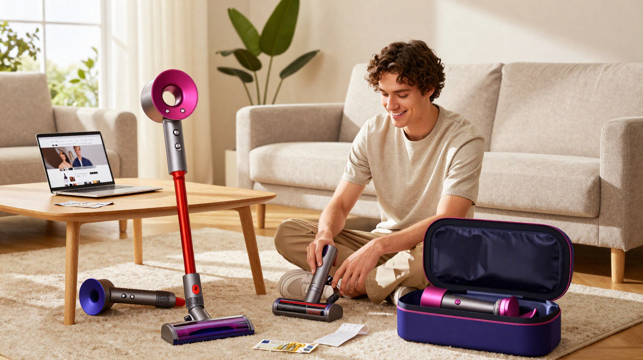 Homem sentado no chão a montar aspirador sem fios vermelho e roxo numa sala de estar moderna.