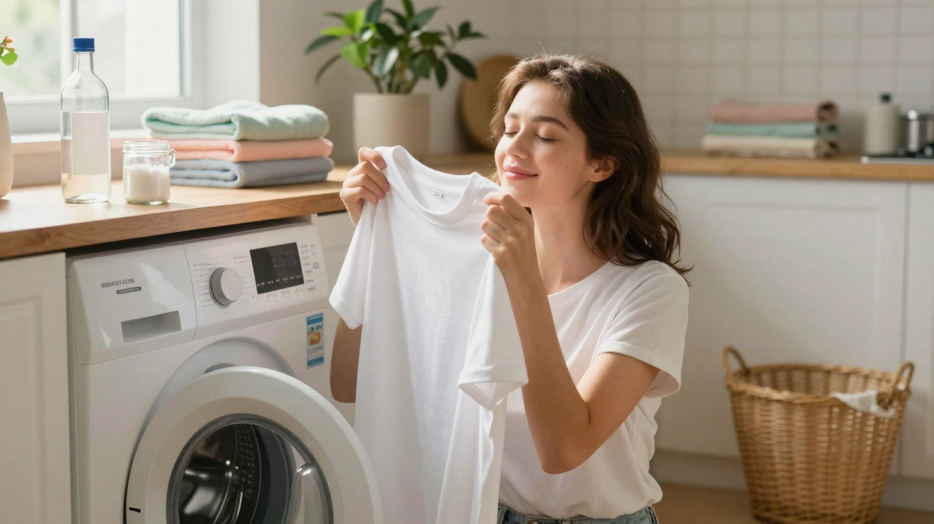 Mulher feliz a cheirar uma t-shirt branca fresca junto à máquina de lavar roupa na cozinha.