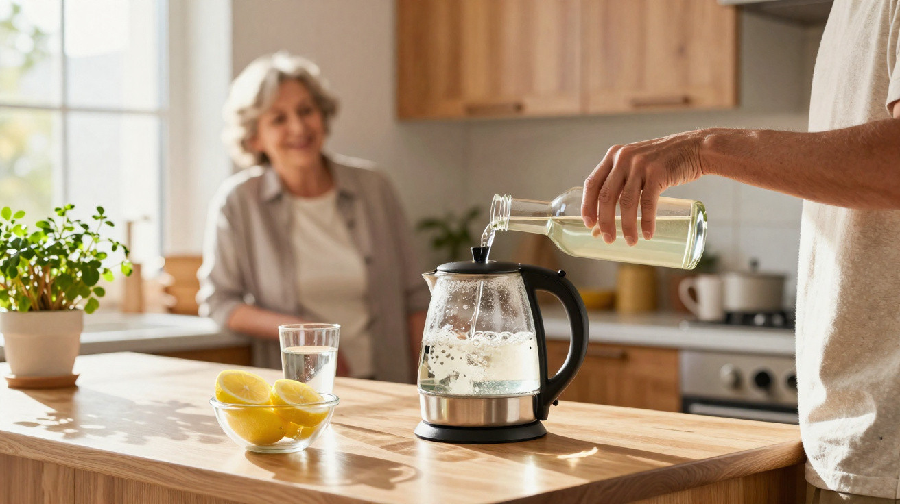 Mãos a verter água numa jarra elétrica com mulher sorridente ao fundo numa cozinha iluminada.