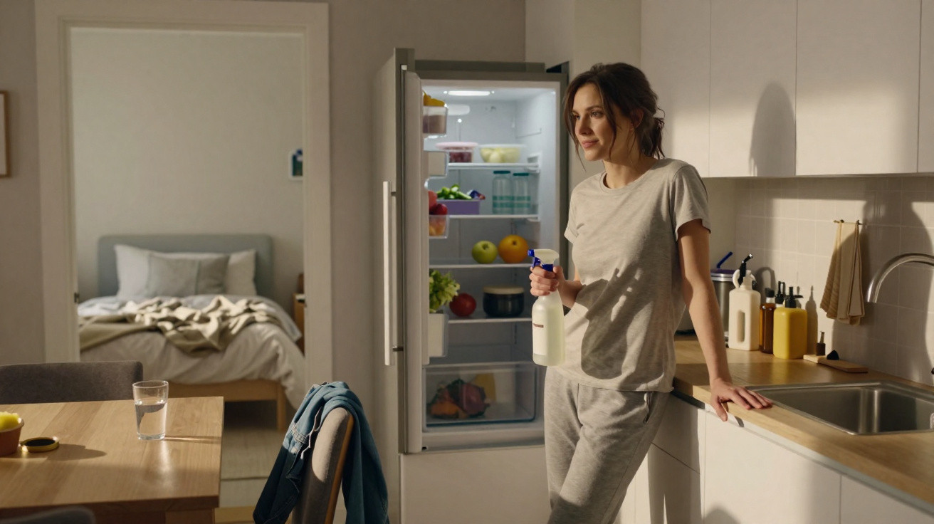 Mulher em roupa casual apoia-se na cozinha ao lado do frigorífico aberto, segurando pulverizador de limpeza.