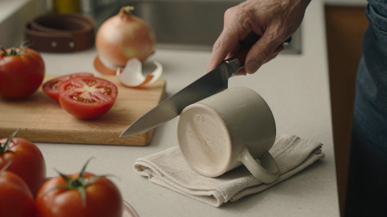 Pessoa a cortar o fundo de uma chávena com uma faca numa bancada de cozinha, com tomates e cebola ao fundo.