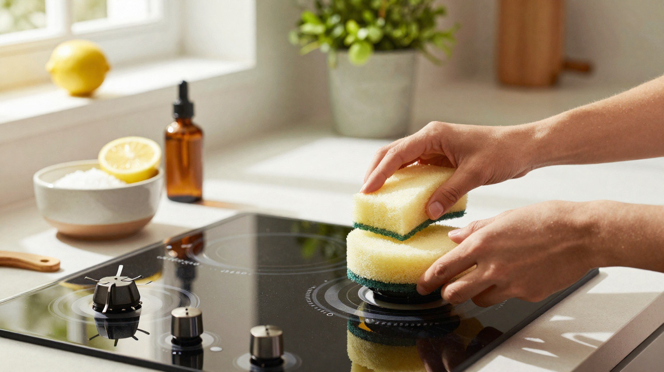 Mãos a limpar placa de fogão vitrocerâmica com esponjas amarelas na cozinha com limão e plantas ao fundo.