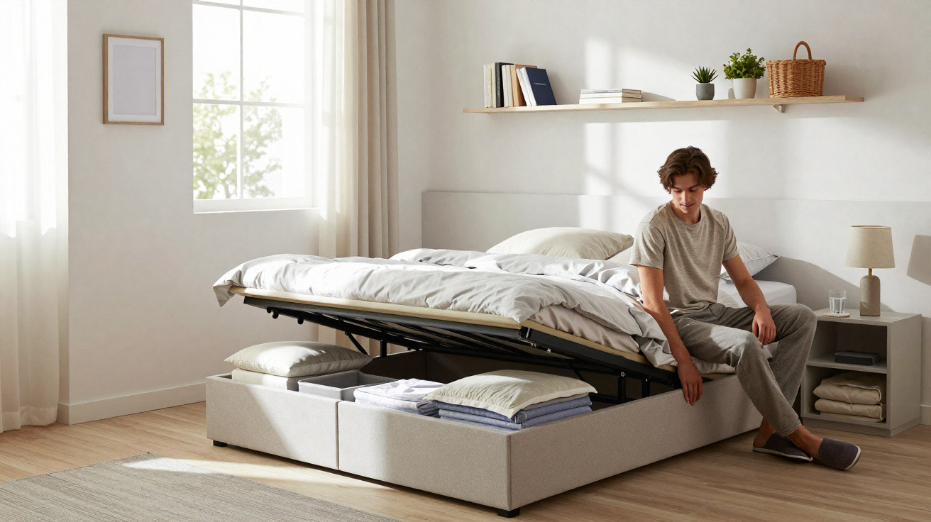 Quarto moderno com cama de arrumação levantada, luz natural e homem sentado na beira da cama.
