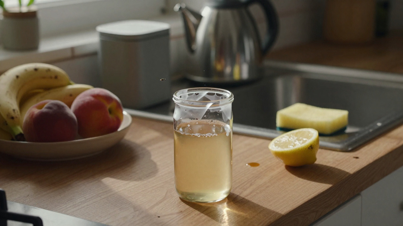 Copo com líquido amarelo numa bancada de cozinha junto a limão cortado, fruta num prato e jarro elétrico.
