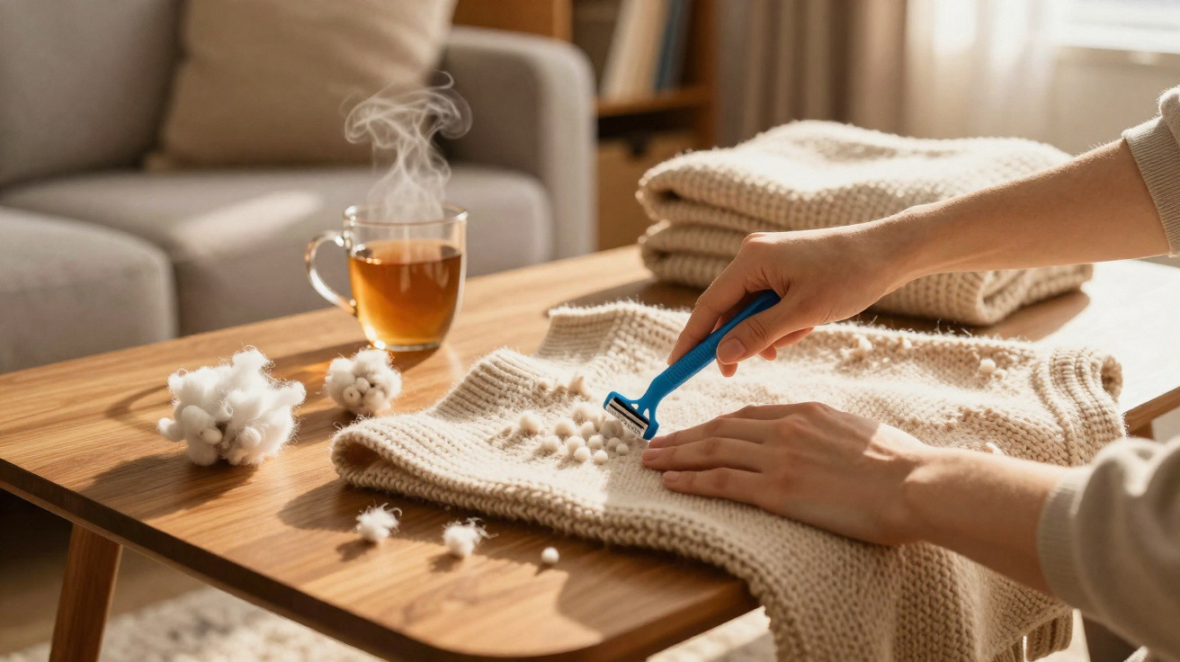 Pessoa a remover bolinhas de um sweater bege com um aparador, com chá quente numa mesa de madeira.
