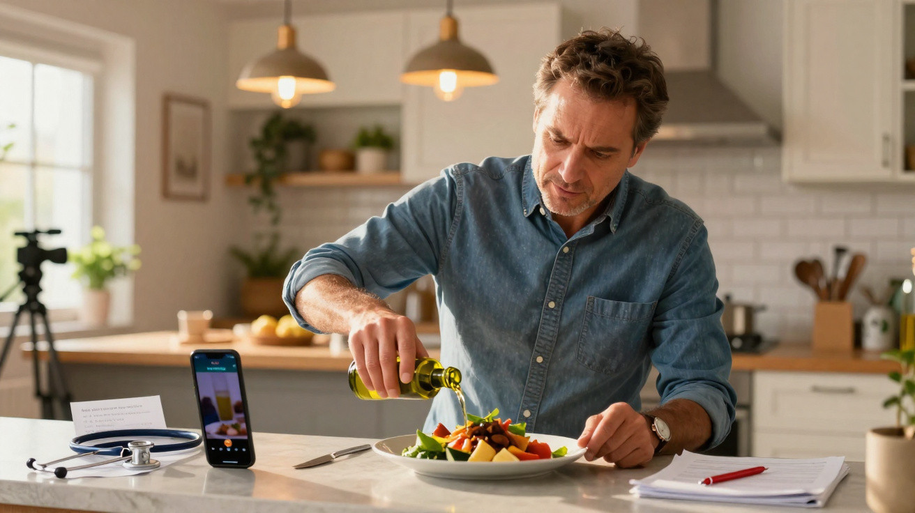 Homem a temperar salada com azeite numa cozinha moderna, com smartphone e estetoscópio na bancada.
