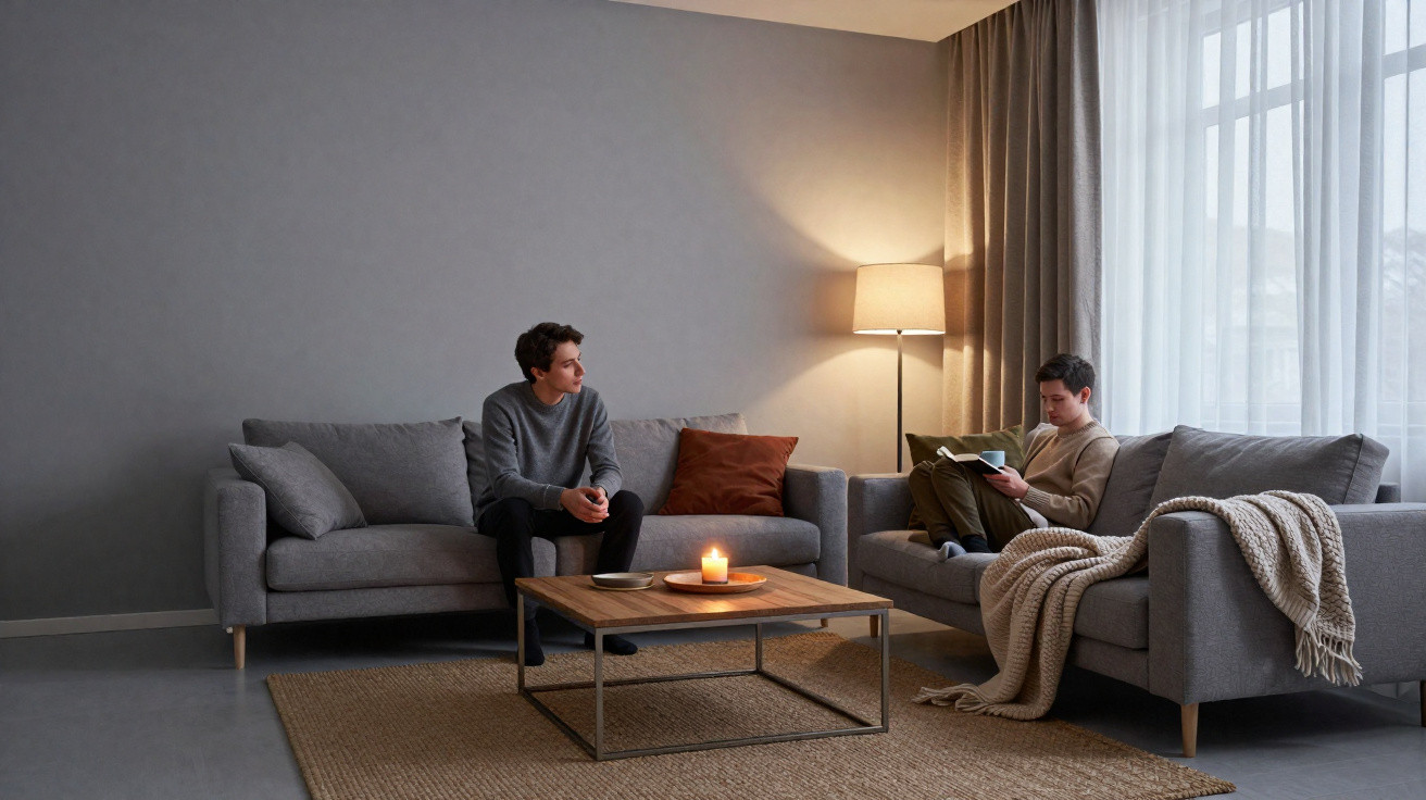 Duas pessoas em sala moderna com sofás cinzentos, mesa de centro com vela acesa e luz cálida de candeeiro.
