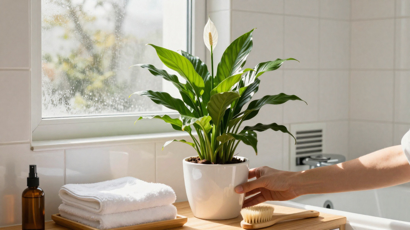 Planta em vaso branco junto a janela numa casa de banho com toalhas e escova numa bancada de madeira.