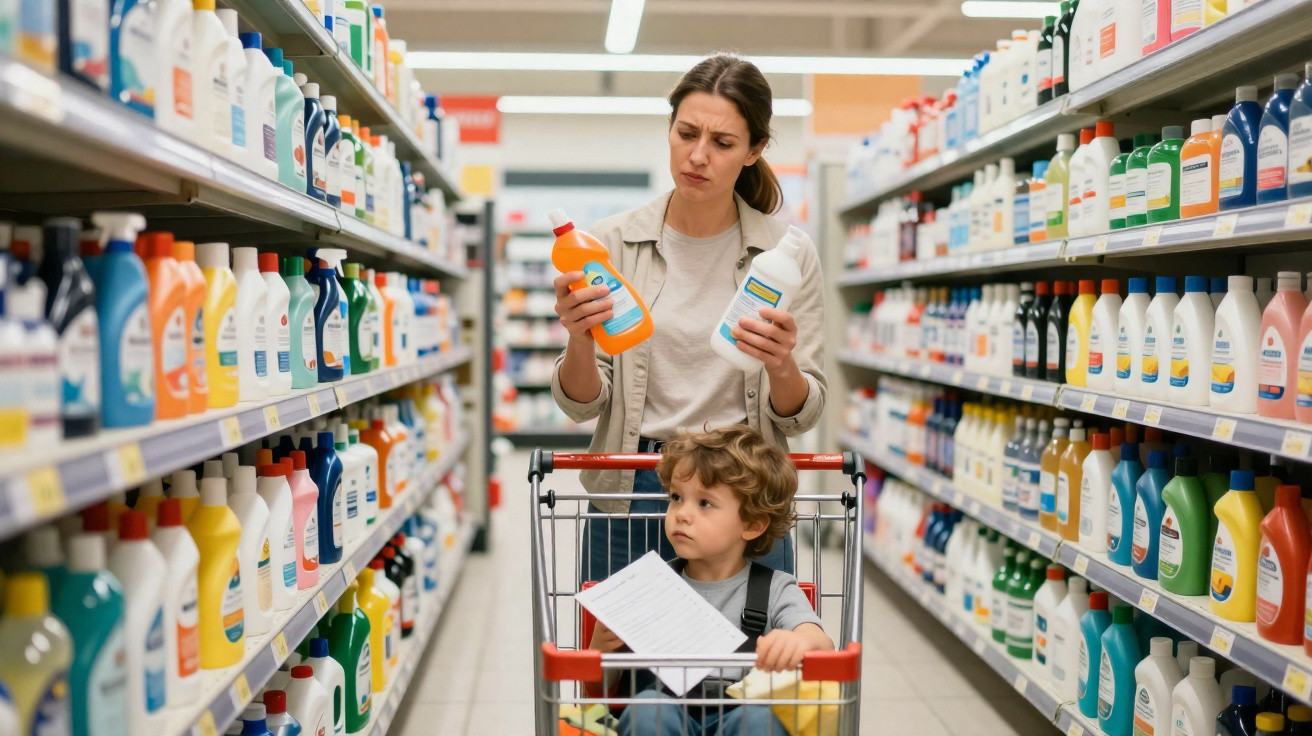 Mulher escolhe produtos de limpeza enquanto uma criança senta no carrinho de compras num supermercado.
