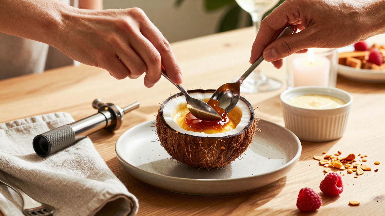 Duas mãos com colheres a servir sobremesa dentro de meio coco numa mesa de madeira com framboesas.