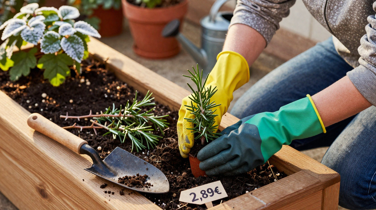 Pessoa com luvas de jardinagem a plantar ervas aromáticas num canteiro de madeira no exterior.