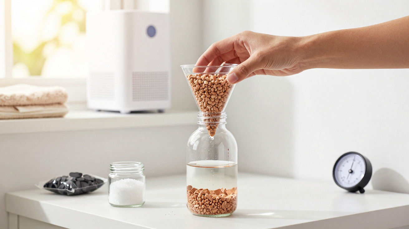 Mão a colocar pellets num funil para filtro de água caseiro sobre bancada branca iluminada.