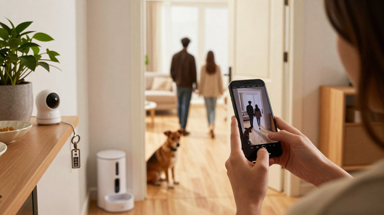 Pessoa a tirar foto de casal e cão numa sala iluminada, com câmara de segurança visível.