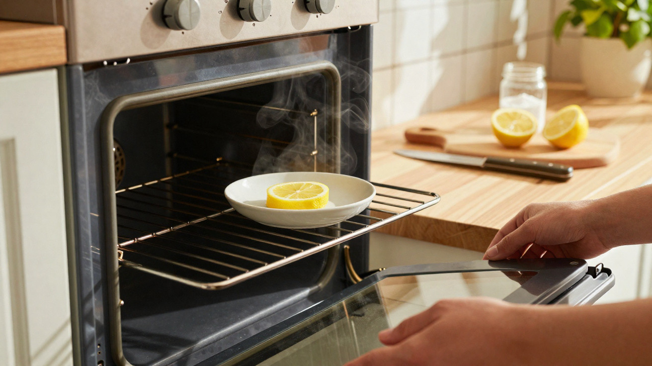 Mãos a abrir forno onde está um prato com uma rodela de limão a libertar vapor na cozinha.