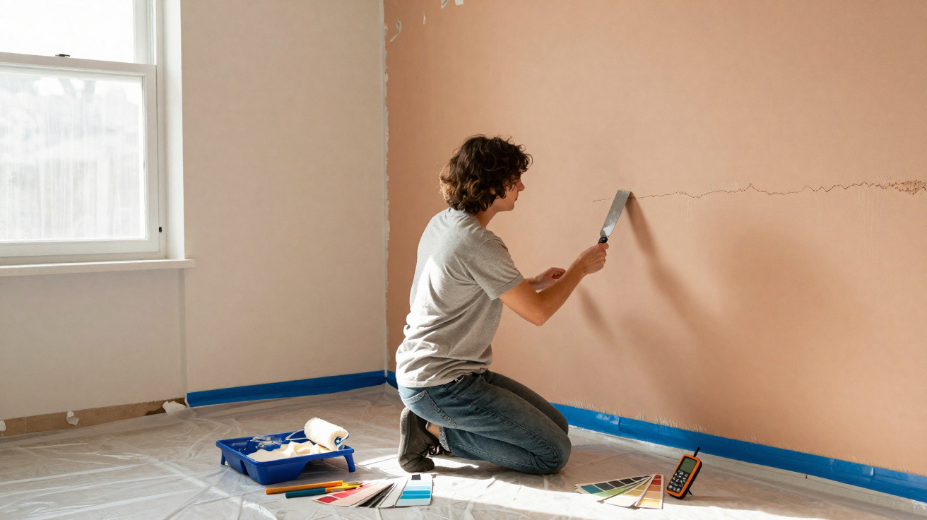 Pessoa a reparar fissura numa parede interior antes de pintar, rodeada de materiais de pintura.