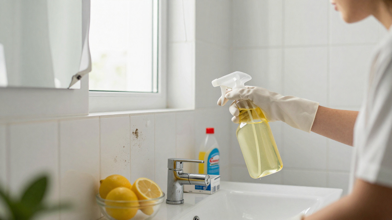 Pessoa com luvas brancas a limpar humidade na parede da casa de banho com pulverizador amarelo.