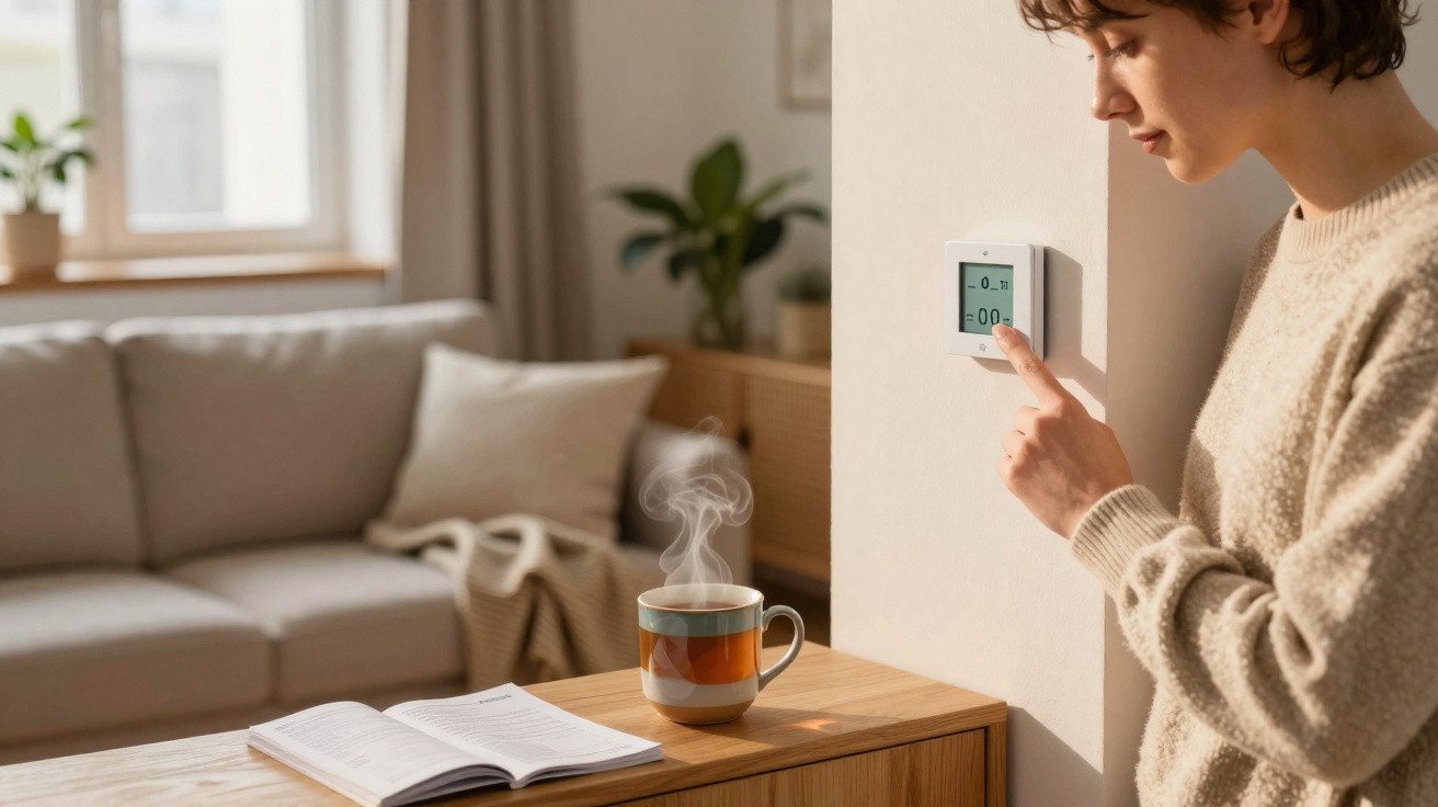 Pessoa ajusta termostato numa sala com chá fumegante e livro aberto numa mesa de madeira.
