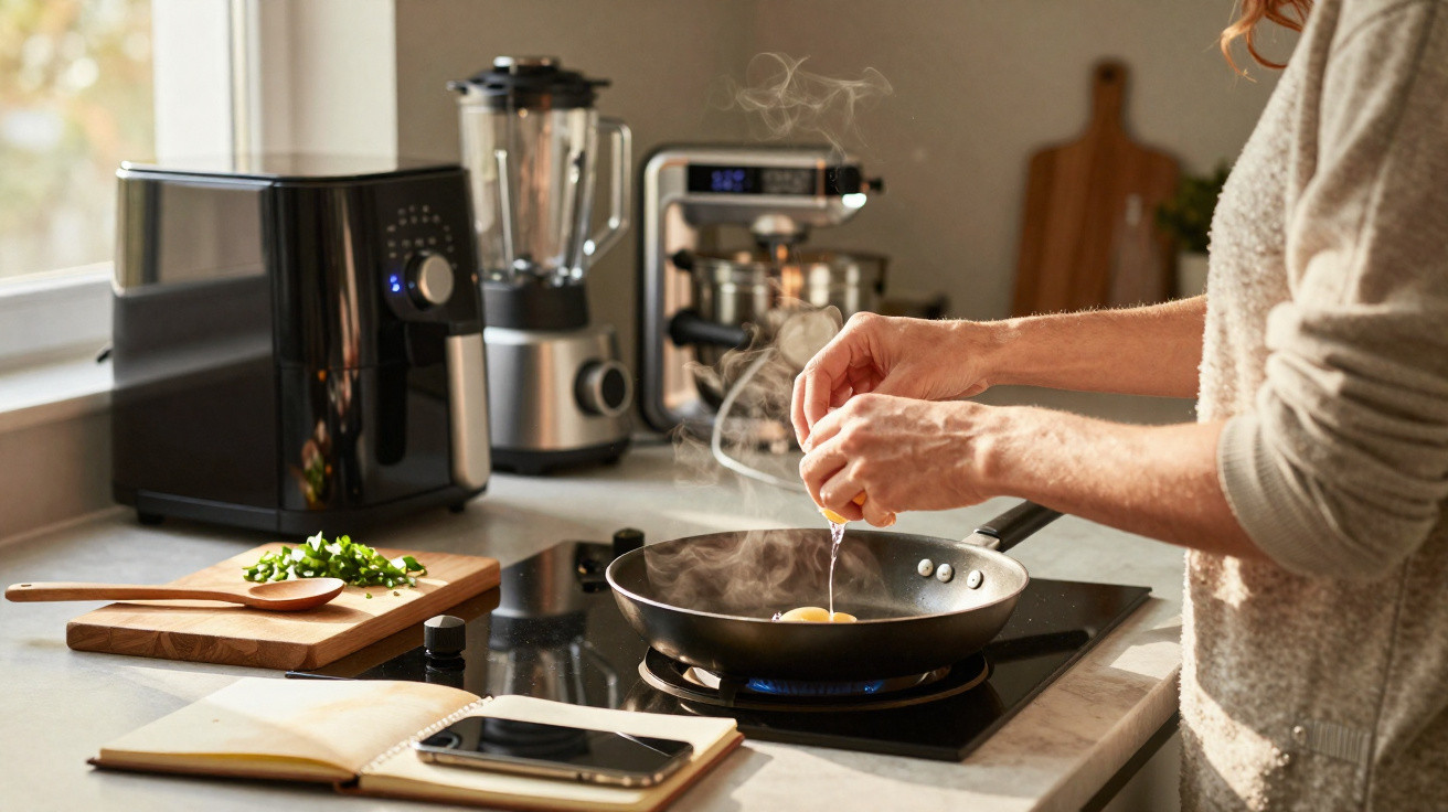 Pessoa a partir um ovo numa frigideira quente numa cozinha moderna com eletrodomésticos ao fundo.
