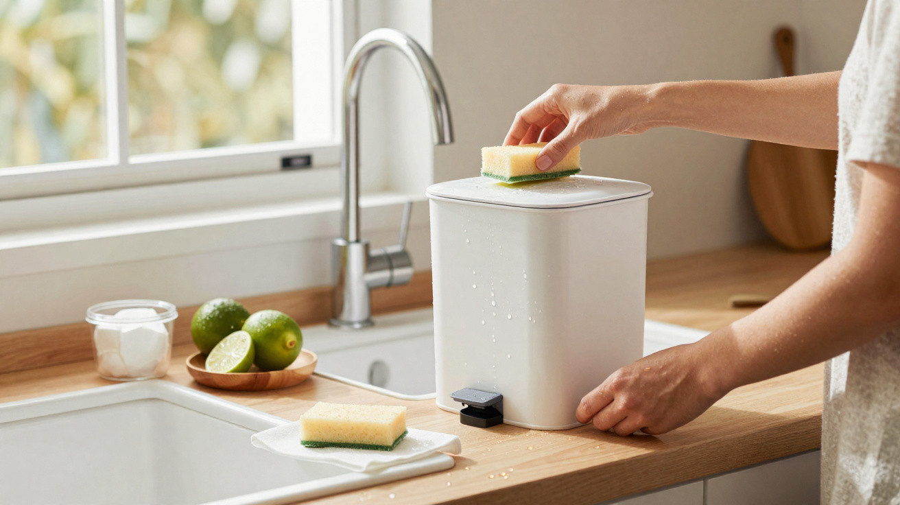 Pessoa a limpar dispenser de detergente na cozinha com esponja junto à pia e limões numa tábua.
