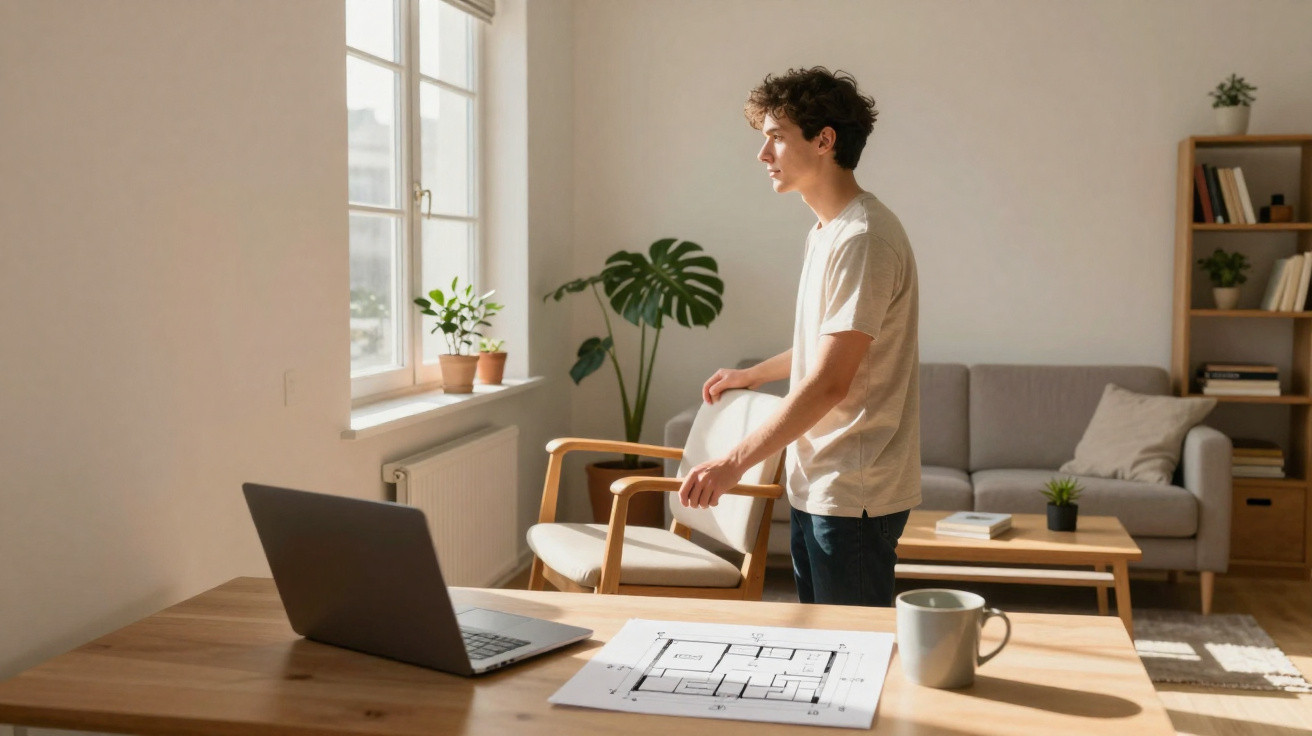 Jovem em pé junto a mesa com computador portátil e planta, a olhar pela janela clara de escritório em casa.