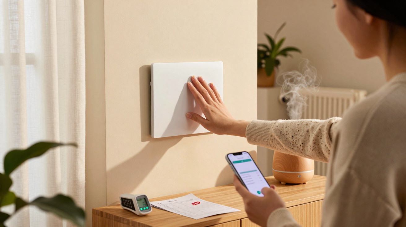 Pessoa a controlar termóstato de parede com a mão e smartphone numa divisão iluminada e decorada.