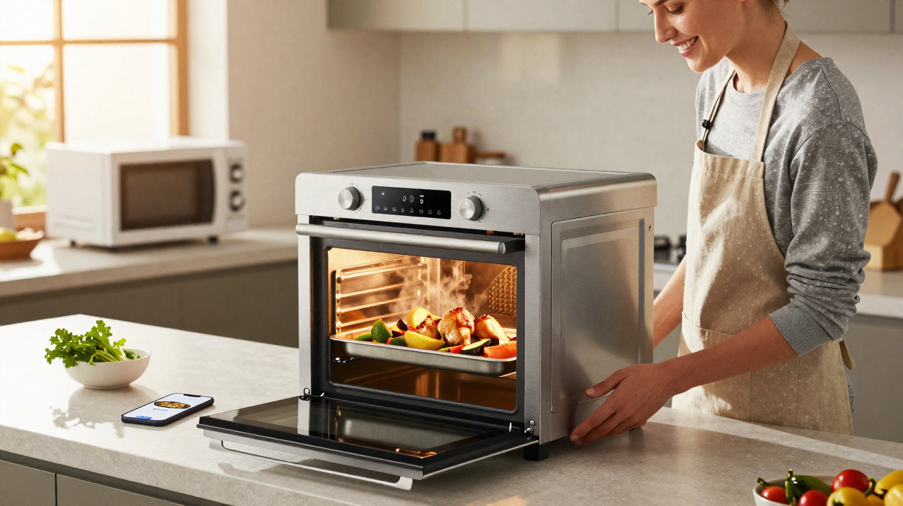 Mulher a cozinhar legumes e carne num forno elétrico moderno numa cozinha iluminada.