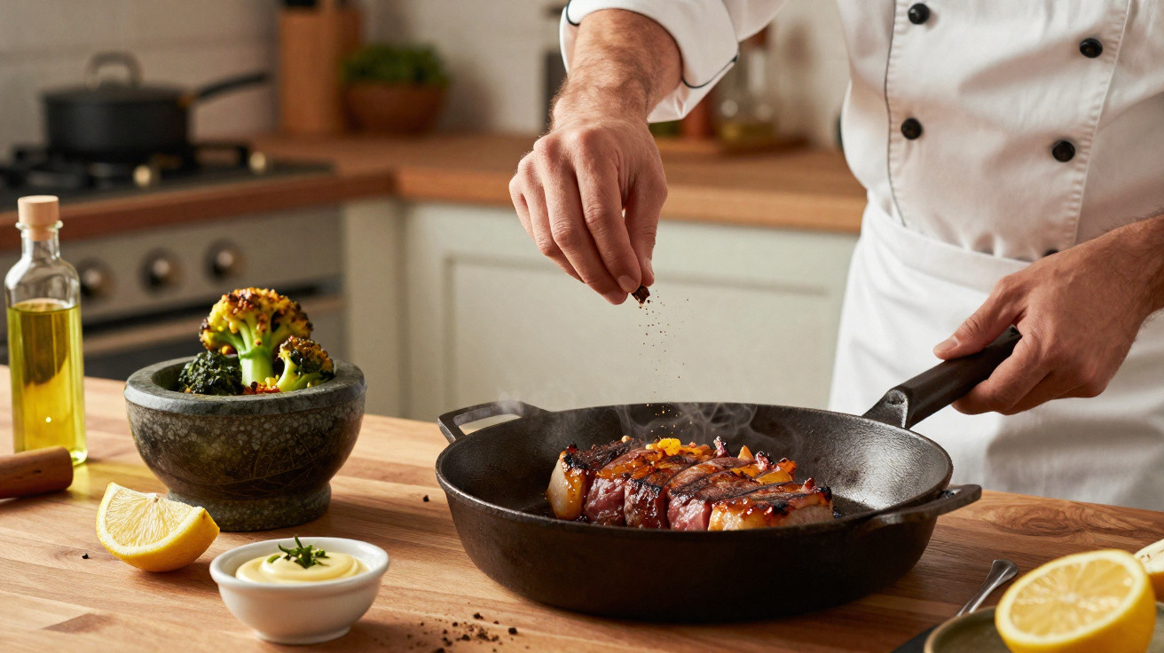Cozinheiro tempera bife suculento numa frigideira preta, rodeado de legumes e fatias de limão na cozinha.