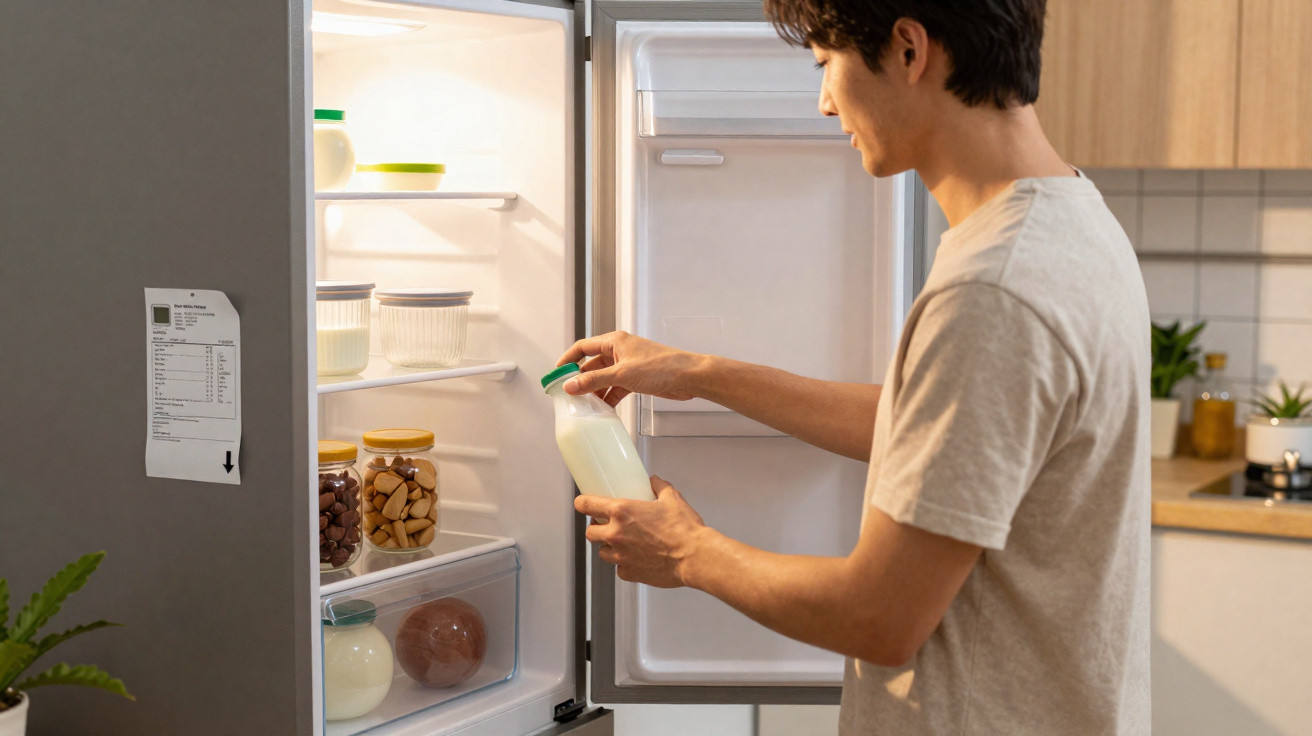 Homem a recolher uma garrafa de leite do frigorífico aberto numa cozinha moderna.