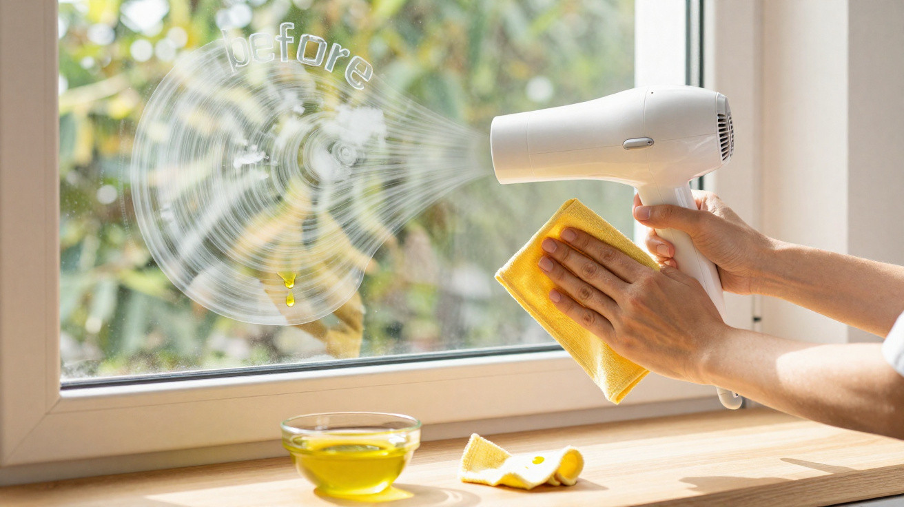 Mãos a limpar vidraça com pano amarelo e secador para remover manchas de óleo e gordura.