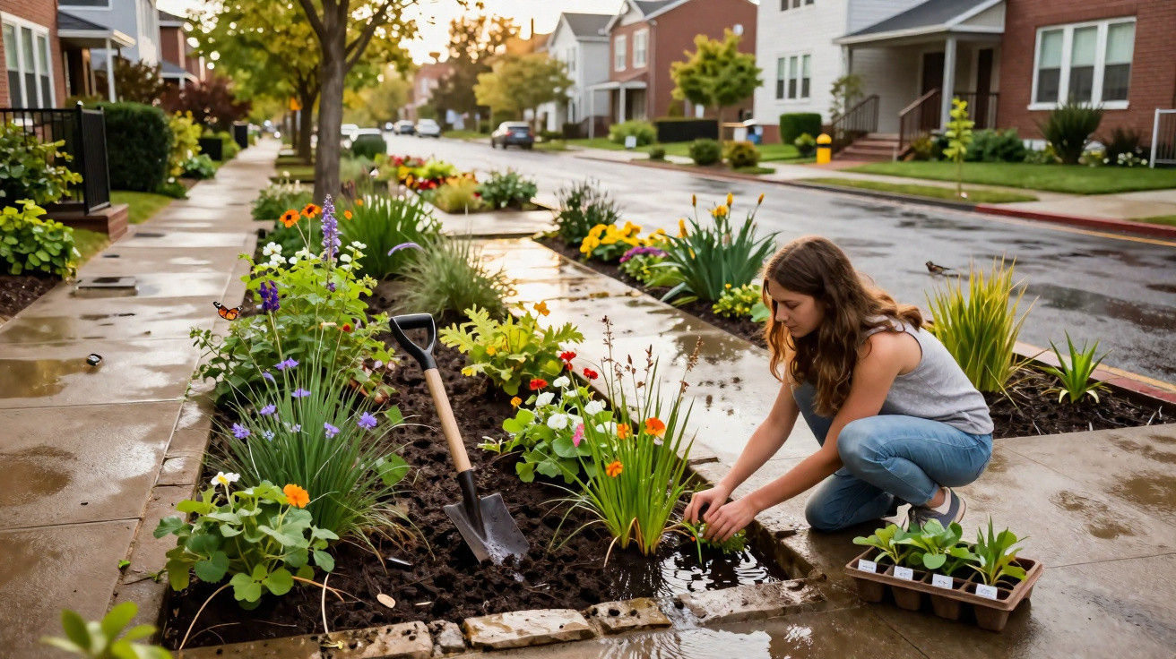 Mulher a plantar flores num canteiro urbano junto a uma rua residencial após a chuva.
