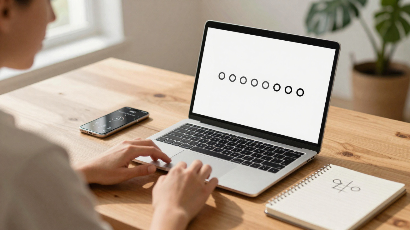 Pessoa a escrever num portátil com ecrã que mostra círculos, telemóvel e caderno com nota 9/10 numa mesa.