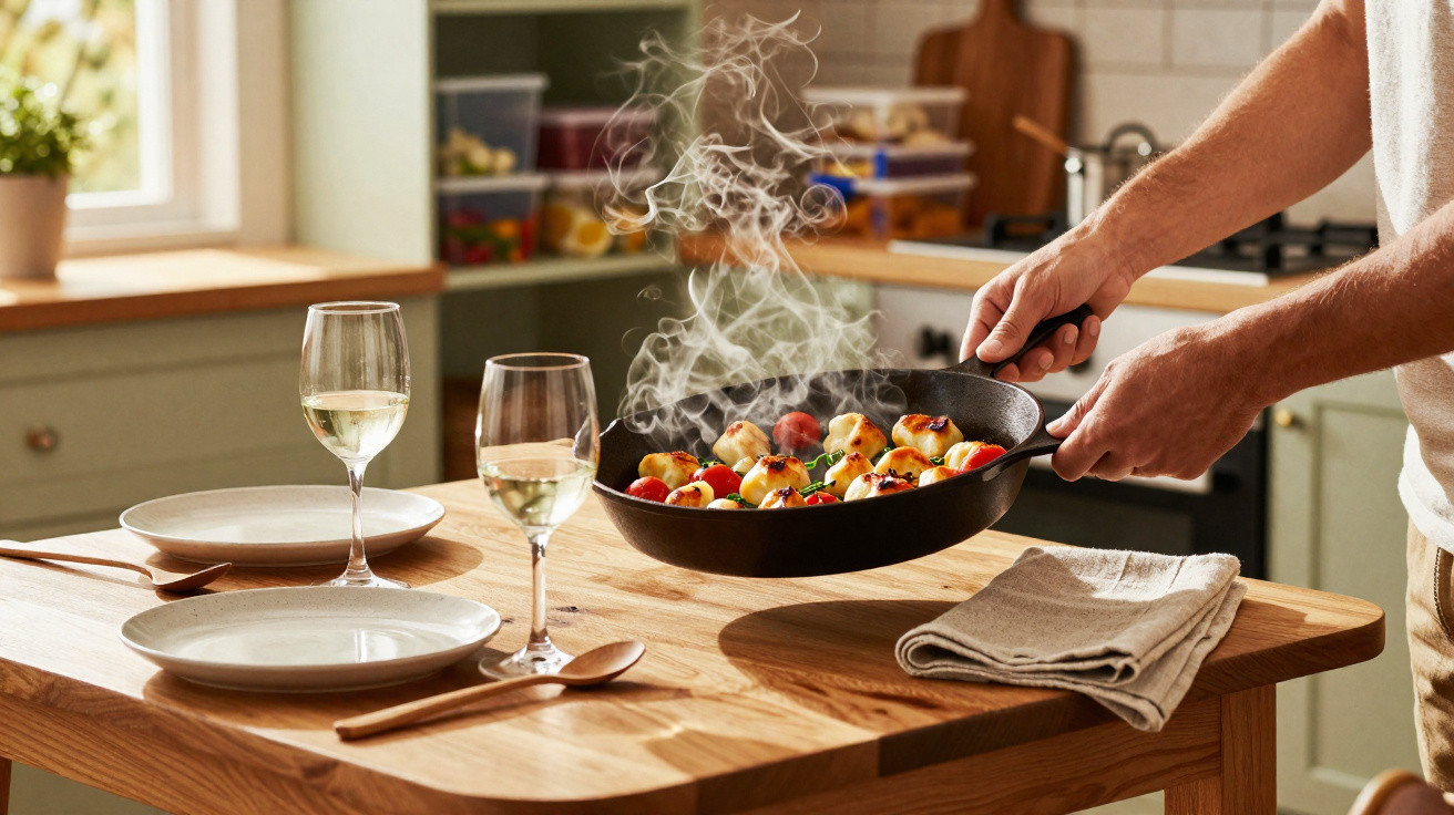 Pessoa a servir comida fumegante numa frigideira numa mesa de madeira com dois pratos e copos de vinho branco.