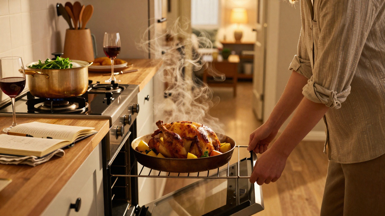 Pessoa a tirar frango assado com batatas do forno numa cozinha acolhedora com vinho e panela a guisar.