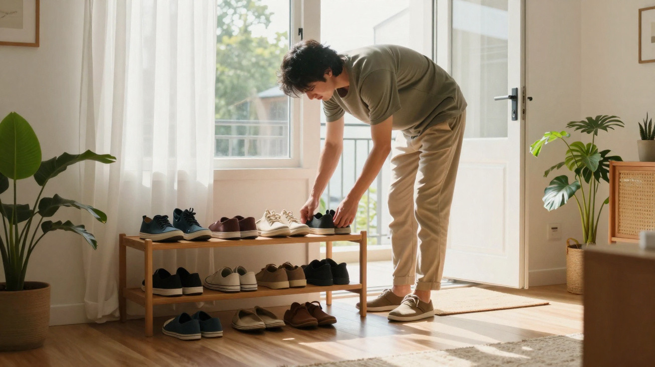 Homem a organizar sapatos numa estante de madeira numa sala luminosa com plantas e janela aberta.