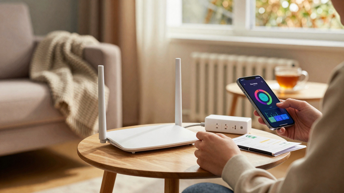 Pessoa a controlar a rede Wi-Fi em smartphone, com router e tomada inteligente numa mesa de centro.