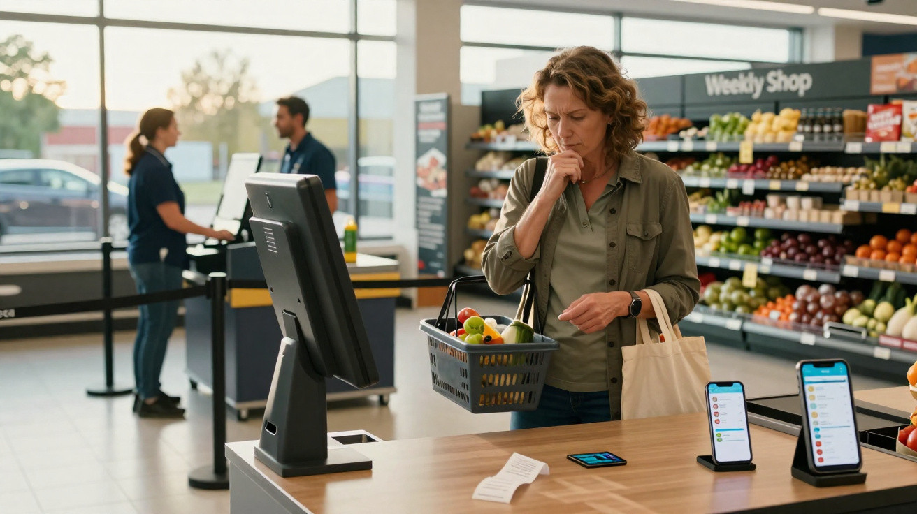 Mulher em supermercado a olhar para uma caixa de pagamento automática com cesto de compras na mão.