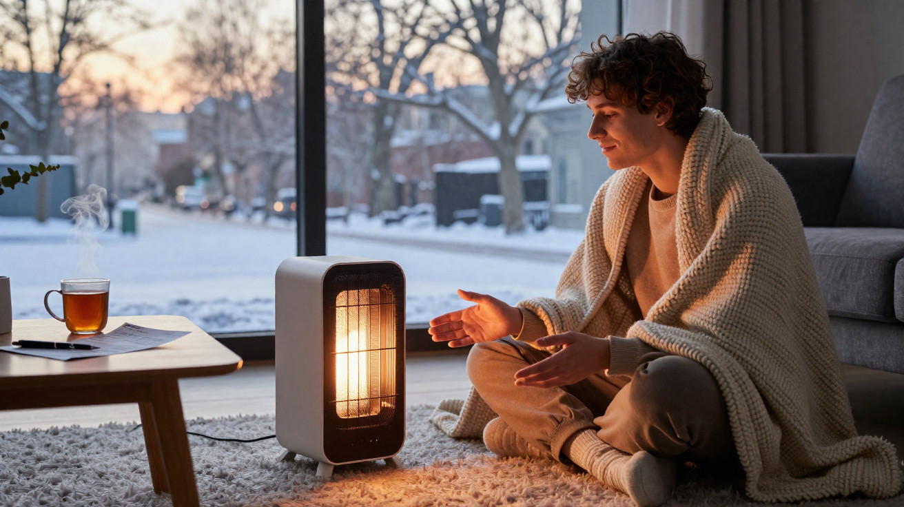 Jovem sentado no chão com manta, a aquecer as mãos junto a um aquecedor elétrico, à janela com neve lá fora.