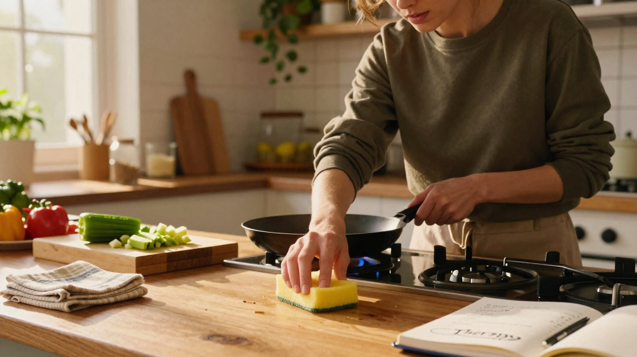 Pessoa a limpar a bancada de madeira na cozinha com esponja amarela, ingredientes frescos e livro de receitas à vista.
