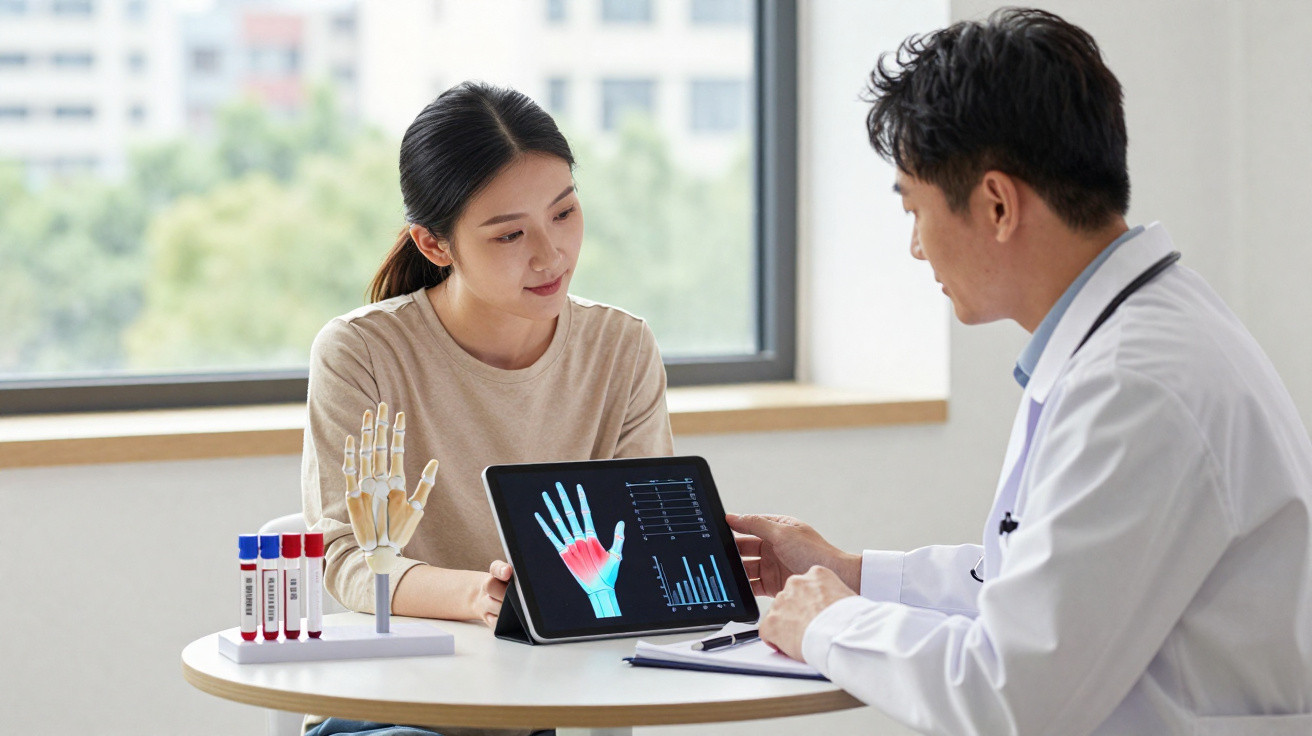 Consulta médica com doutor e paciente a analisar radiografia digital da mão com área vermelha destacada.