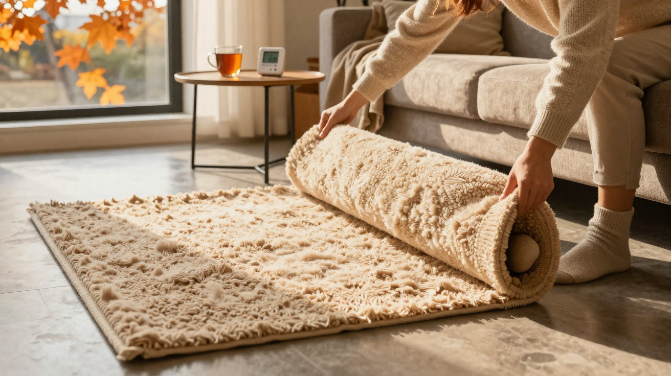 Pessoa a enrolar tapete felpudo bege numa sala com sofá e mesa lateral com chá.