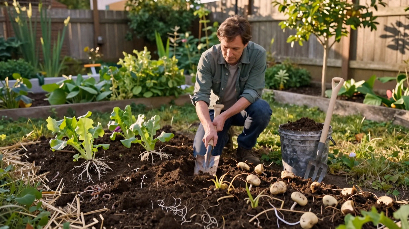 Homem a plantar batatas num jardim, rodeado por plantas e utensílios de jardinagem.